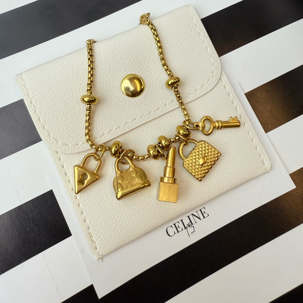 Celine13 18K Gold‎ Plated Luxe Charm Bracelet | Lock, Key & Handbag Icons